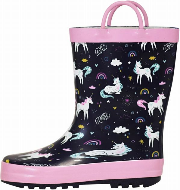 Kids Waterproof Navy Pink Unicorn Rain Boots side view. Handles and lined. - Little Gift Nook