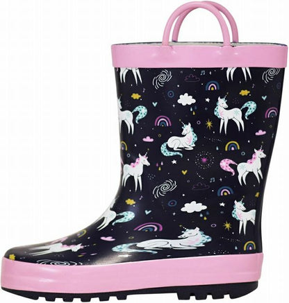Kids Waterproof Navy Pink Unicorn Rain Boots side view. Handles and lined. - Little Gift Nook