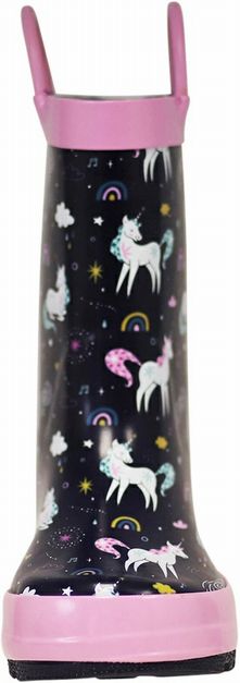 Kids Waterproof Navy Pink Unicorn Rain Boots front view with handles. - Little Gift Nook