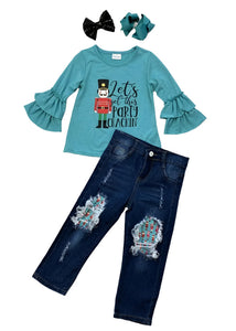 Let's Get This Party Crackin' Bell Ruffle Shirt & Cutout Jeans Set sz 4  