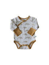 Load image into Gallery viewer, Organic Cotton white, gray, and tan grow with me baby bodysuit. Extra snaps so you get much longer use. Made in India.