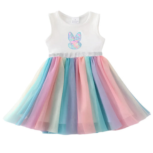 Bunny Sequin Rainbow Tutu Dress. Soft & stretchy white bodice dress with sequin bunny on front and pastel tulle skirt lined with white silky skirt. Stretchy. - Little Gift Nook