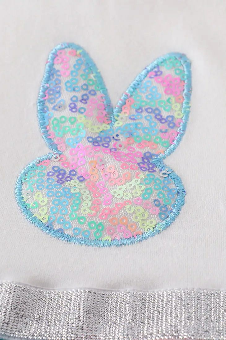 Bunny Sequin Rainbow Tutu Dress. Close up of pastel sequin bunny face on front of dress. - Little Gift Nook