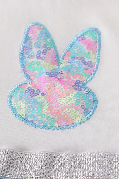 Bunny Sequin Rainbow Tutu Dress. Close up of pastel sequin bunny face on front of dress. - Little Gift Nook