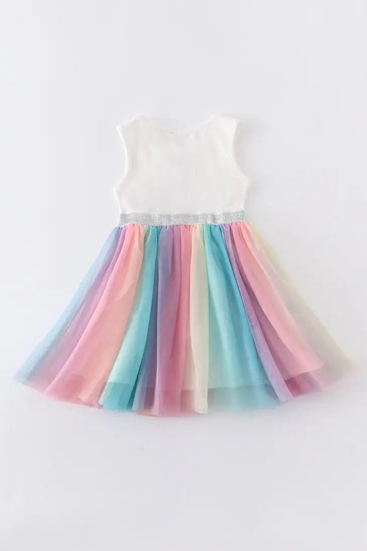 Bunny Sequin Rainbow Tutu Dress. Back view of dress. White bodice with pastel tutu skirt bottom. - Little Gift Nook