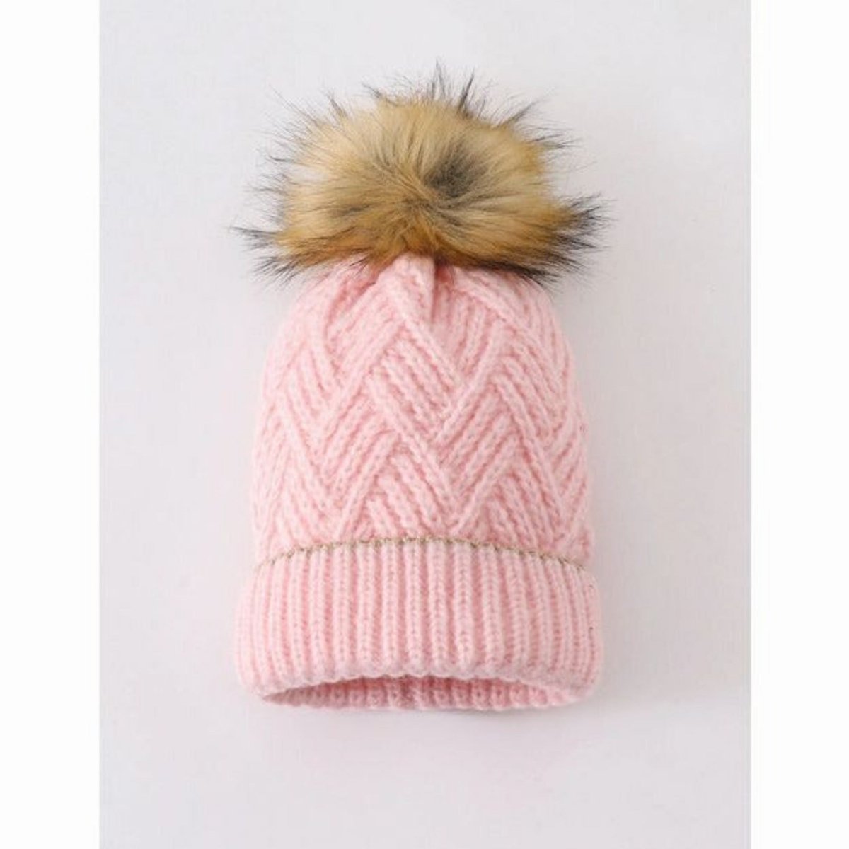 Pink Cable Knit Pom Hat. Tan faux fur pom pom.- Little Gift Nook