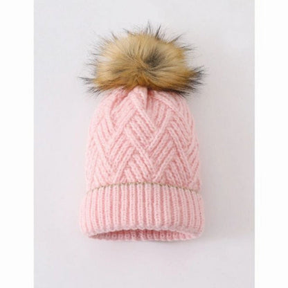 Pink Cable Knit Pom Hat. Tan faux fur pom pom.- Little Gift Nook