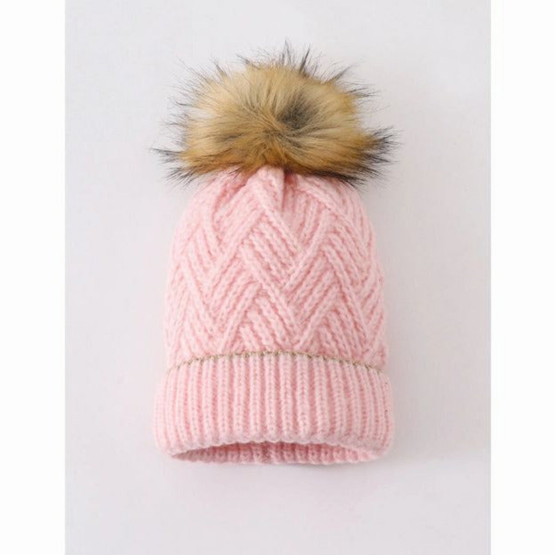 Pink Cable Knit Pom Hat. Tan faux fur pom pom.- Little Gift Nook