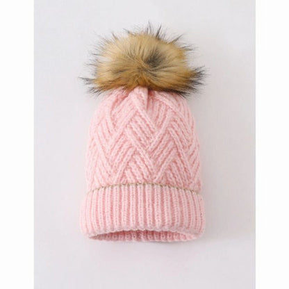 Pink Cable Knit Pom Hat. Tan faux fur pom pom.- Little Gift Nook