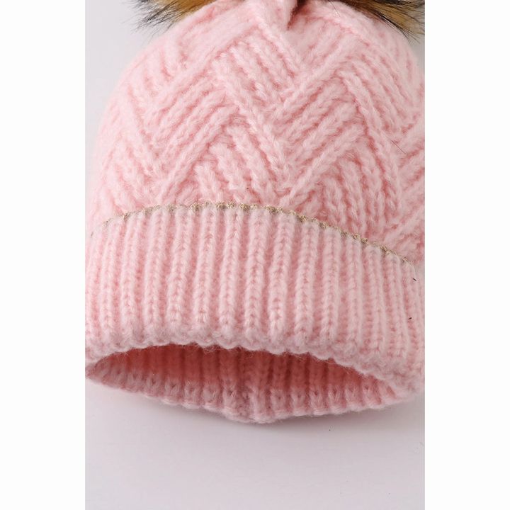 Pink cross cable knit pom pom beanie hat for toddler and child. - Little Gift Nook