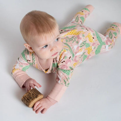 Grow with Me 100% Cotton Giraffe Romper Sleeper on baby. Fold over hands and feet. - Little Gift Nook