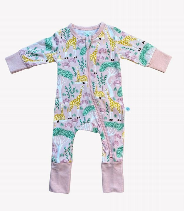Grow with Me 100% Cotton Giraffe Romper Sleeper. Pink with yellow giraffe print. - Little Gift Nook