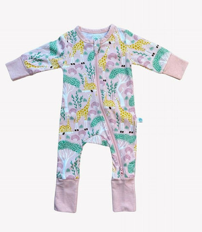 Grow with Me 100% Cotton Giraffe Romper Sleeper. Pink with yellow giraffe print. - Little Gift Nook