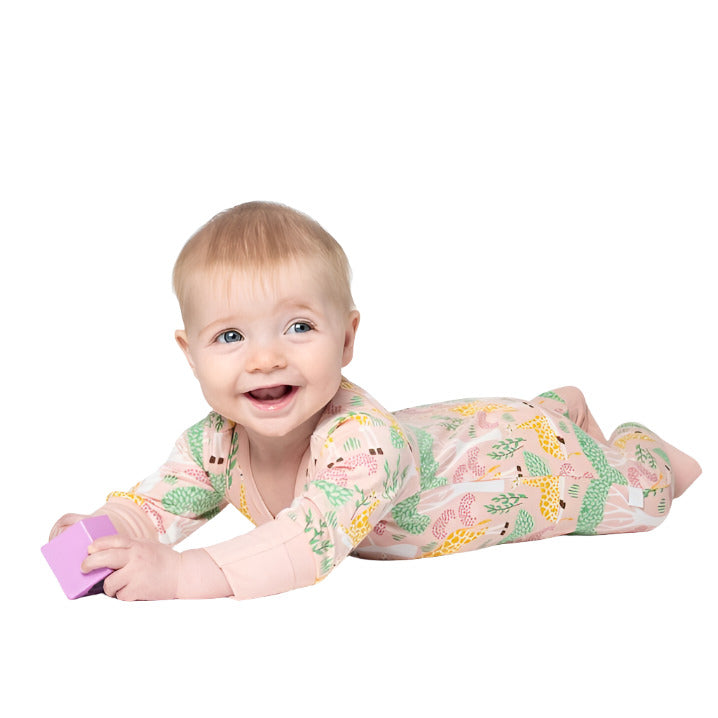 Pink & yellow giraffe print organic cotton sleeper.