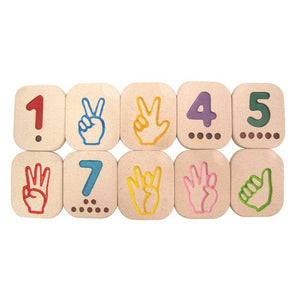 Plan Toys Hand Sign Numbers 1-10 wooden tiles.