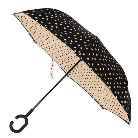 Polka Dot Reverse Open Inverted Umbrella. Black beige polkadot pattern. Folds upward to keep water off you. Fast dry, double layered. - Little Gift Nook