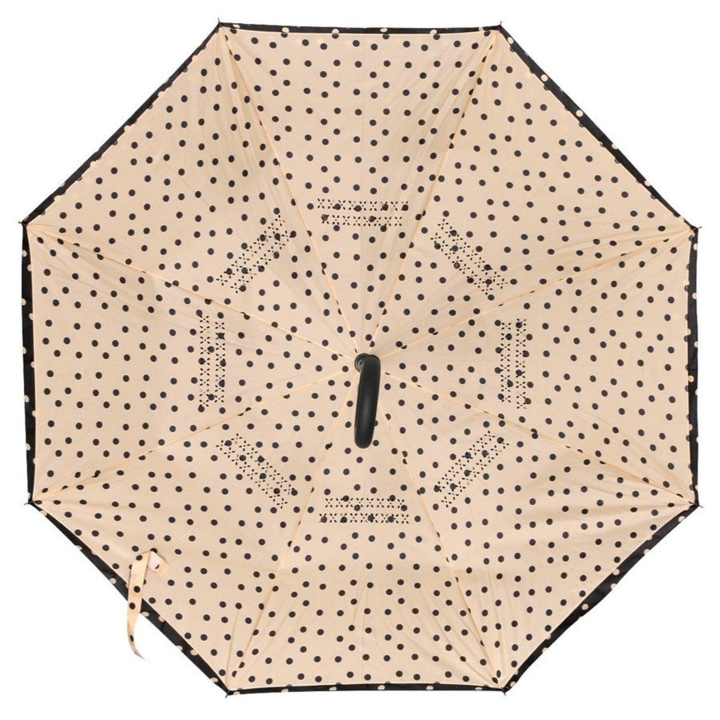 Polka Dot Reverse Open Inverted Umbrella. Inside underneath view. Folds upward so this pattern is shown. double layered, fast day. - Little Gift Nook