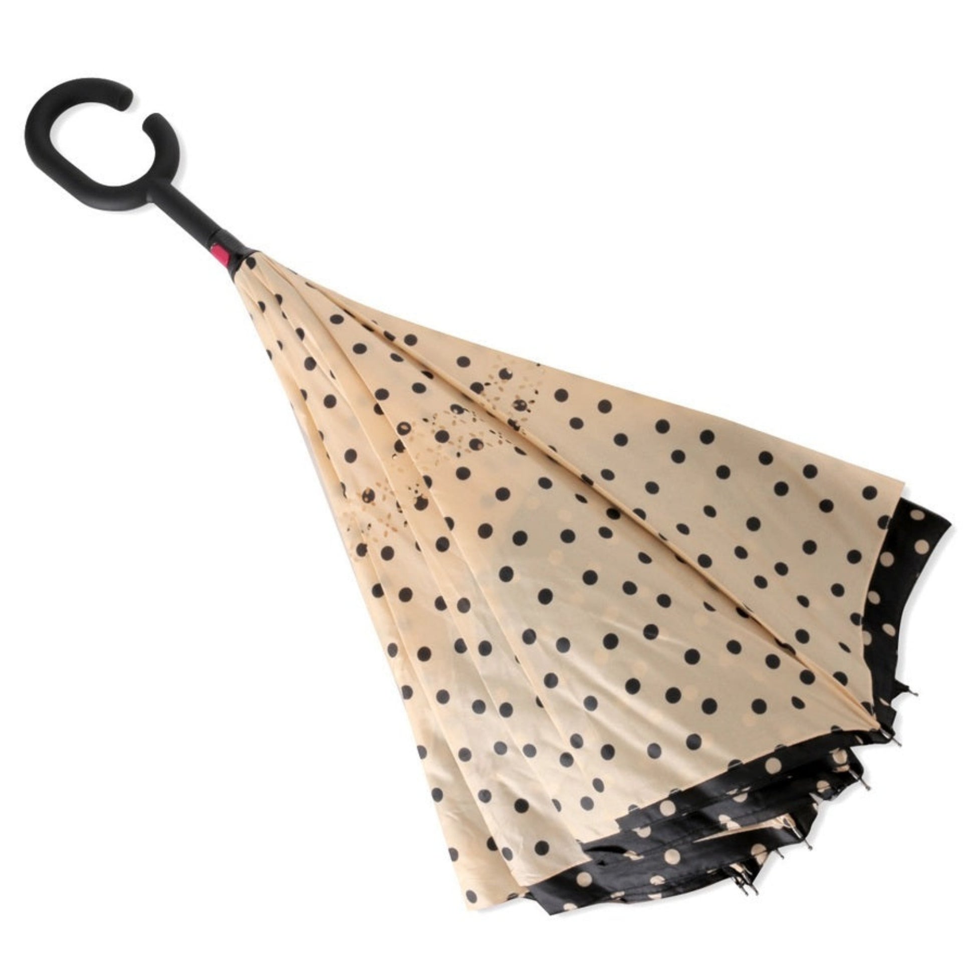 Polka Dot Reverse Open Inverted Umbrella. Beige and black polkadot umbrella pattern. folds upward to keep water off you when closing. Double layer and fast dry. - Little Gift Nook