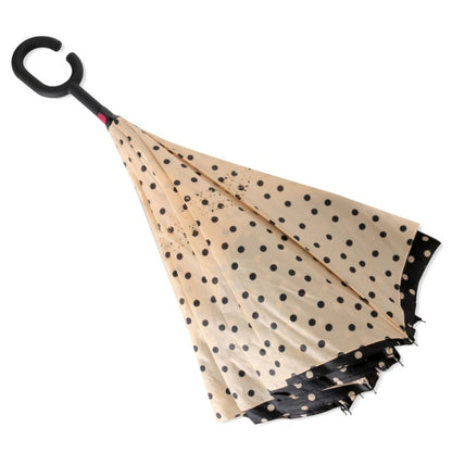 Polka Dot Reverse Open Inverted Umbrella. Beige and black polkadot umbrella pattern. folds upward to keep water off you when closing. Double layer and fast dry. - Little Gift Nook