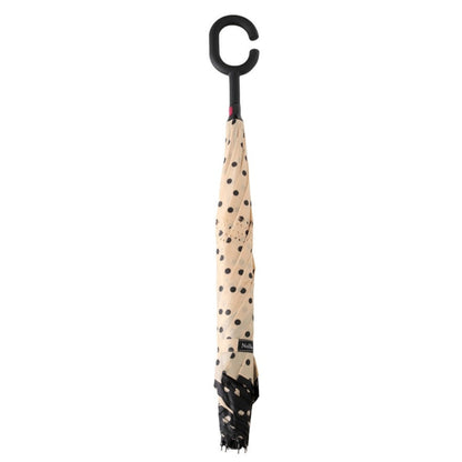 Polka Dot Reverse Open Inverted Umbrella. Beige and black polkadot pattern.  - Little Gift Nook