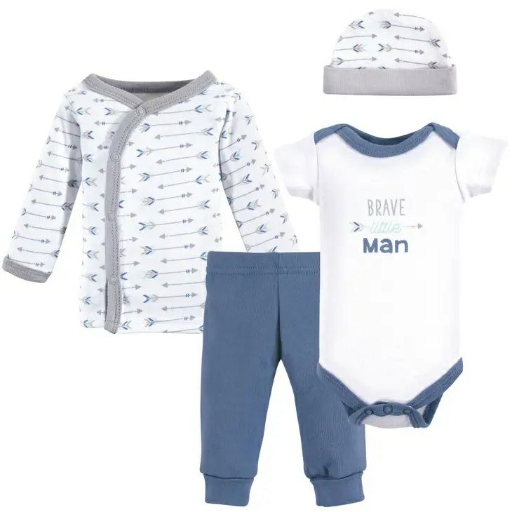 Preemie Cotton Brave Man Outfit. 4 pieces, hat, bodysuit, snap top, and pants. - Little Gift Nook