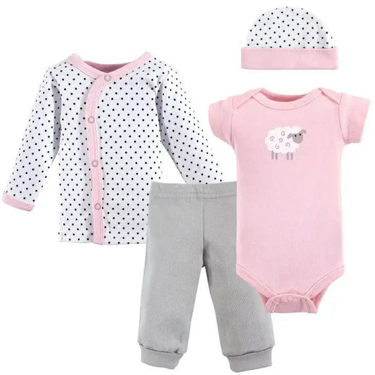 Preemie Girls Luvable Friends Cotton Pink Sheep Layette Set 4 pieces: Hat, bodysuit, snap top, and pants.- Little Gift Nook