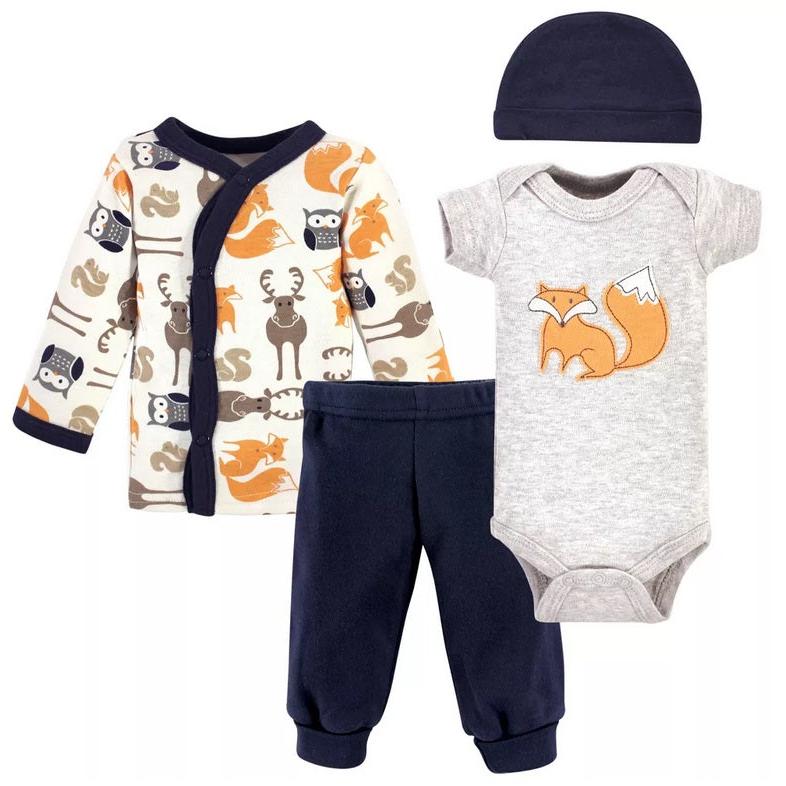 Preemie Baby Orange Fox Outfit 4 piece: hat, fox bodysuit, fox moose owl print snap top, and pants.- Little Gift Nook