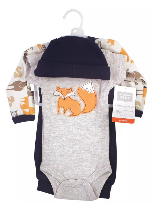Preemie Baby Orange Fox Outfit 4 piece layette set on hanger. - Little Gift Nook
