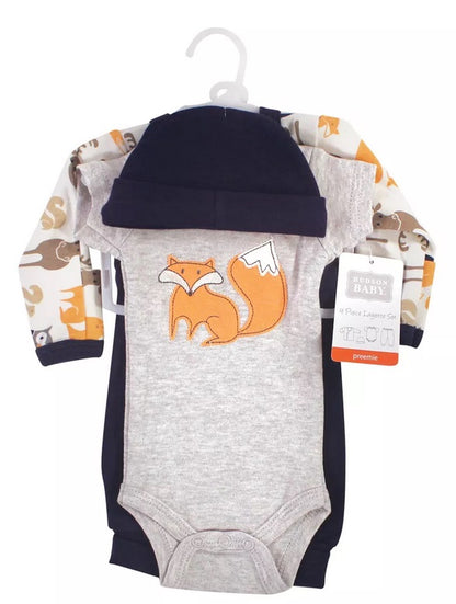 Preemie Baby Orange Fox Outfit 4 piece layette set on hanger. - Little Gift Nook