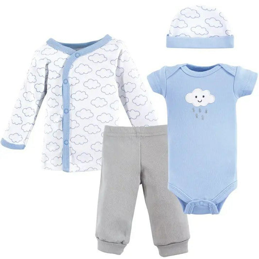 Preemie Baby Boy Clouds Outfit. 4 piece set : hat, bodysuit, snap top, and pants. - Little Gift Nook
