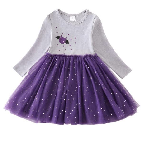 Purple Halloween Bat Applique Tutu Dress. Light gray bodice with purple bat and purple sparkle tutu skirted dress. - Little Gift Nook