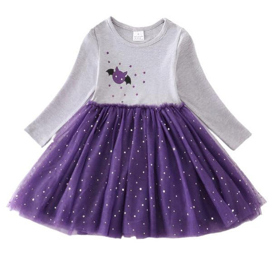 Purple Halloween Bat Applique Tutu Dress. Light gray bodice with purple bat and purple sparkle tutu skirted dress. - Little Gift Nook