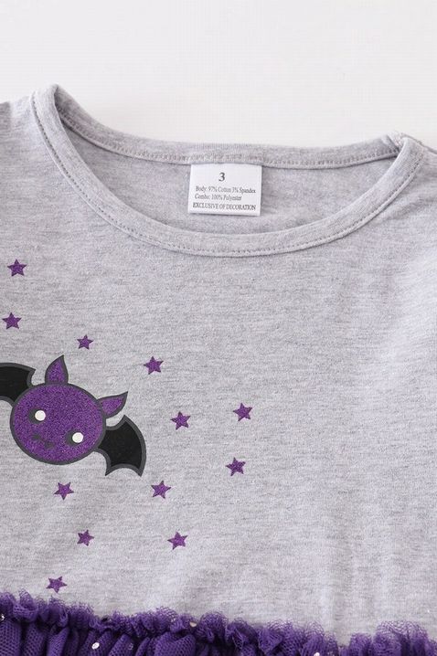 Close up of gray bodice with purple bat of the Purple Halloween Bat Applique Tutu Dress - Little Gift Nook