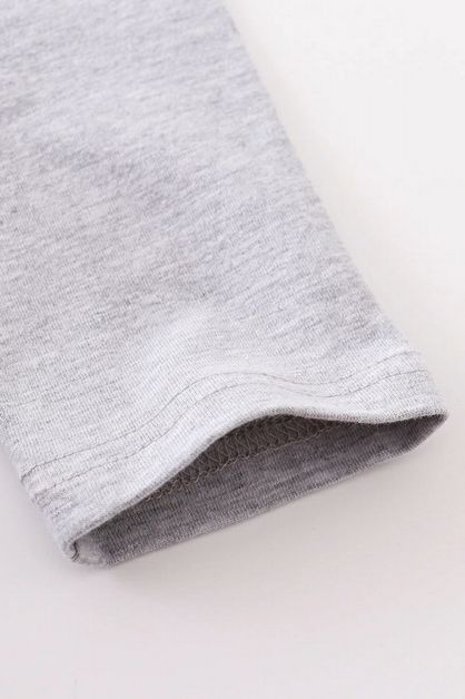 Close up of gray cotton sleeve on the Purple Halloween Bat Applique Tutu Dress - Little Gift Nook