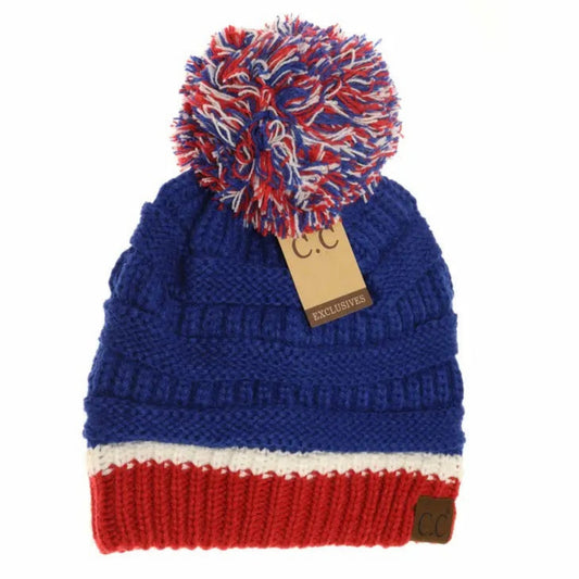 Blue White Red knit Adult Pom Pom Winter Hat - Little Gift Nook