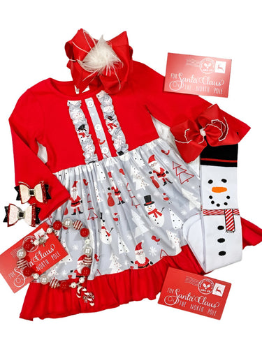 Red Gray Snowman theme ruffle twirl dress for girls.