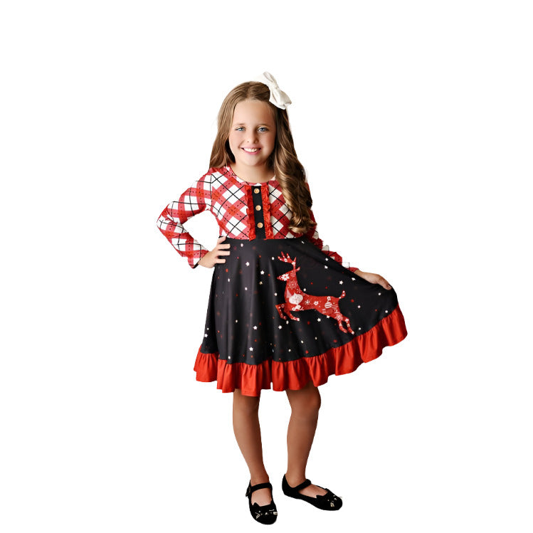 Red Reindeer Christmas Holiday Soft Twirl Dress. Black red, and white plaid silky soft & stretchy twil dress with reindeer on front of skirt. - Little Gift Nook