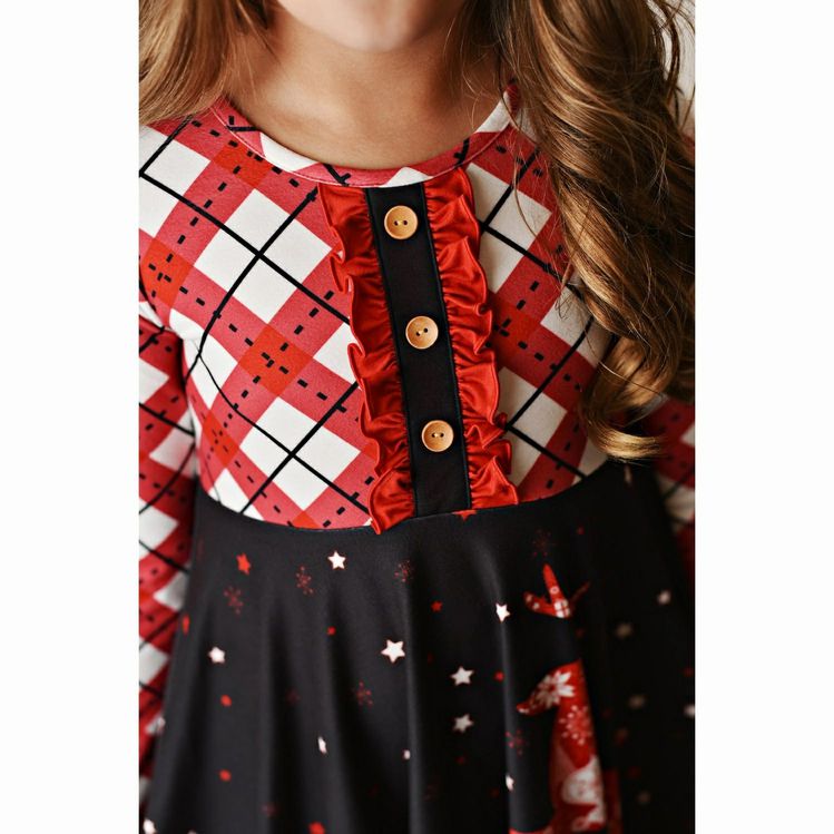 Close up of bodice of dress. Red white plaid. Red Reindeer Christmas Holiday Soft Twirl Dress - Little Gift Nook