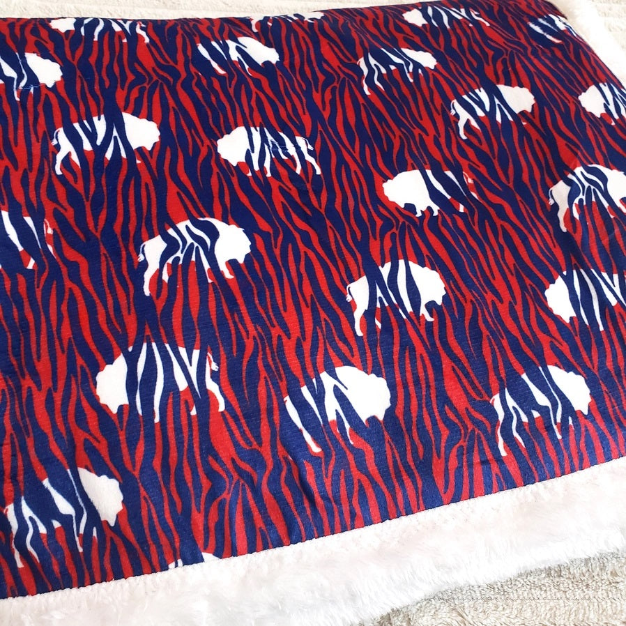 Close up of Red White Blue Zubaz Buffalo Blanket measures 30" x 40"- Little Gift Nook