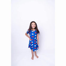 Load image into Gallery viewer, Blue Buffalo Buffalo&#39;s print silky soft twirl dress for kids. On model.