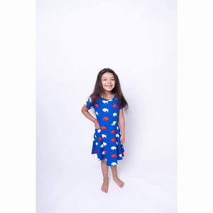 Blue Buffalo Buffalo's print silky soft twirl dress for kids. On model.