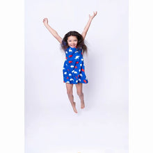 Load image into Gallery viewer, Blue Buffalo Buffalo&#39;s print silky soft twirl dress for kids. Model jumping.