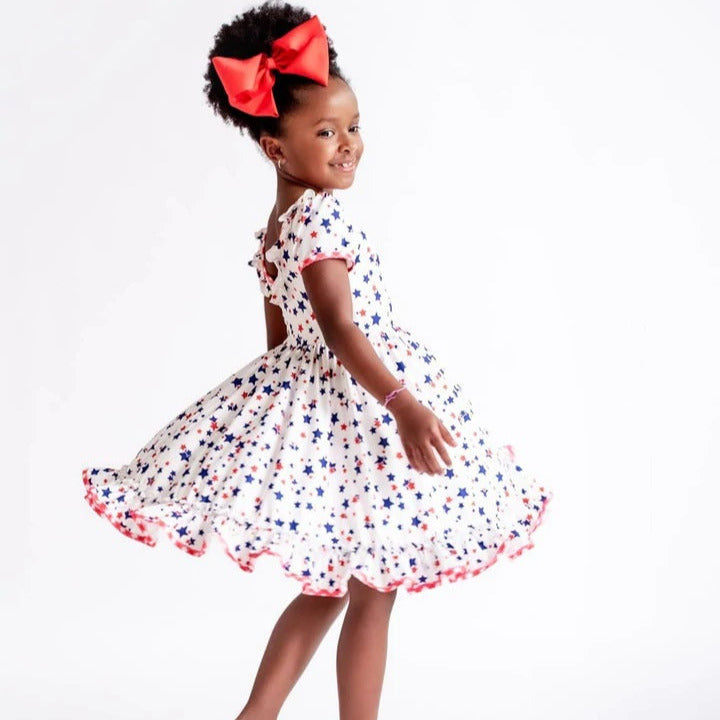 Gingham Red White Blue Stars Ruffle Twirl Dress sz 8/10 SALE - Little Gift Nook