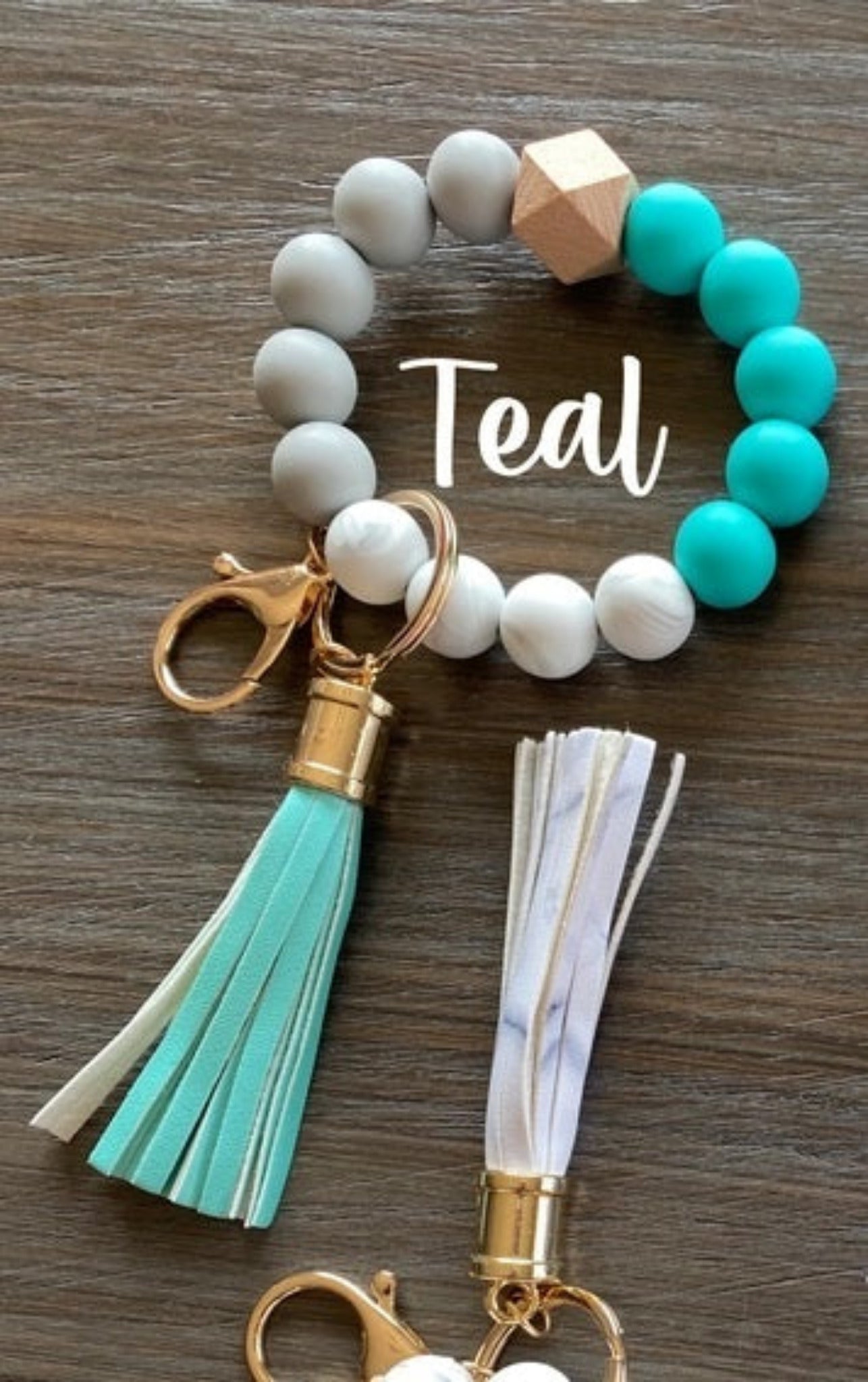 Silicone Beaded Wristlet Keychain teal and wooden silicone beads, gold keyring, lobster clip, and teal tassel. - Little Gift Nook