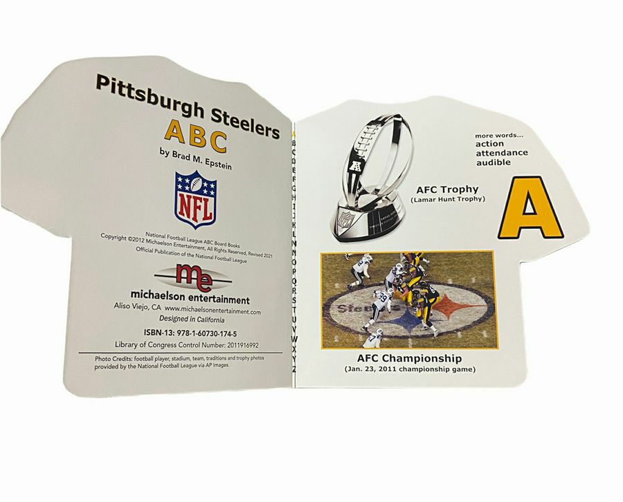 Steelers ABC Alphabet Board Book inside front cover. Jersey shaped book.  A AFC Trophy. Makes great baby gift.- Little Gift Nook