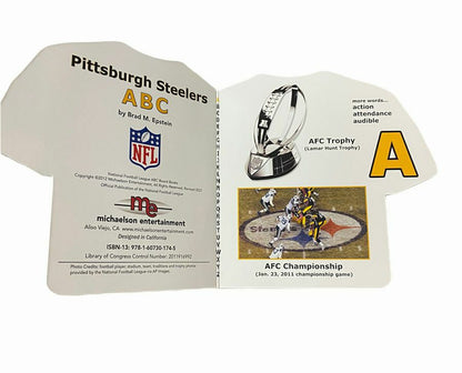 Steelers ABC Alphabet Board Book inside front cover. Jersey shaped book.  A AFC Trophy. Makes great baby gift.- Little Gift Nook