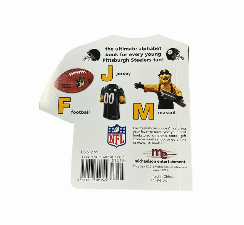 Steelers ABC Alphabet Board Book back cover. Ultimate alphabet book for every yount Pittsburgh Steelers Fan- Little Gift Nook