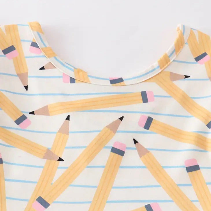 Close up of pencil print striped like lined paper Striped Yellow Pencil Print Twirl Dress - Little Gift Nook