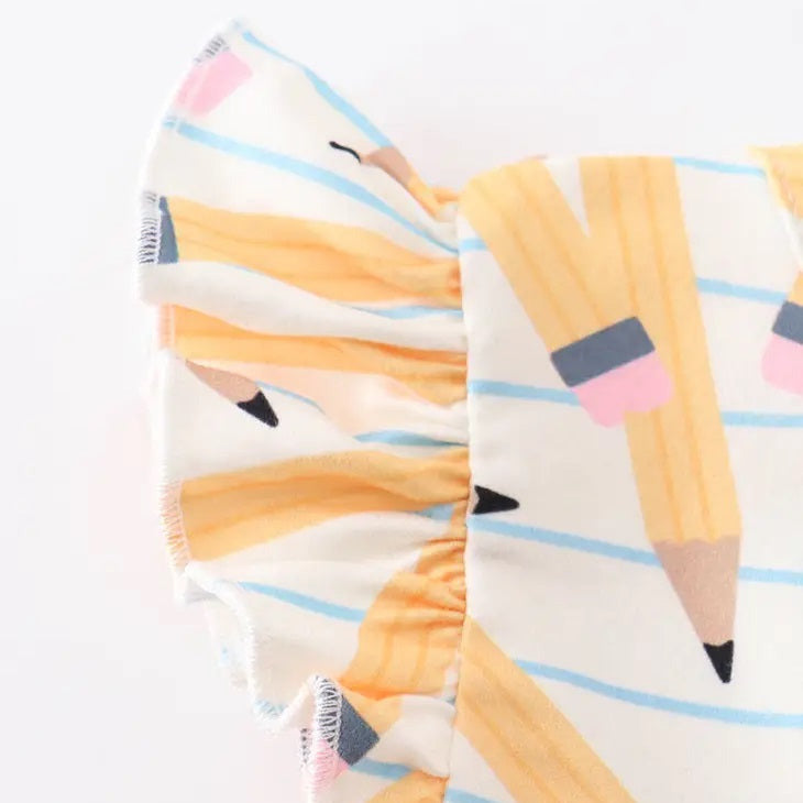 Close up of Striped Yellow Pencil Print Twirl Dress cap flutter sleeve. - Little Gift Nook