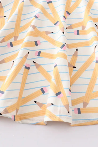 Close up of Striped Yellow Pencil Print Twirl Dress - Little Gift Nook